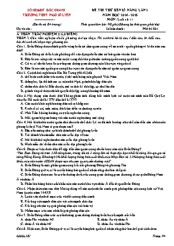 Đề thi rèn kĩ năng Lịch sử 11 (Lần 2) - Mã đề 501 - Năm học 2024-2025 - Trường THPT Ngô Sĩ Liên (Có đáp án)