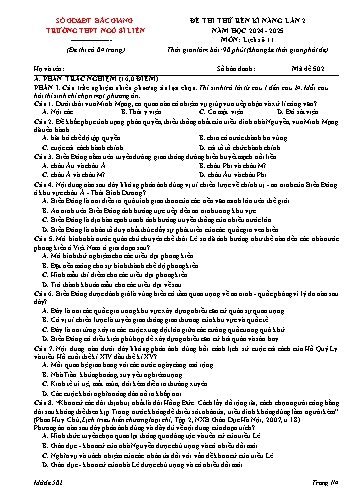 Đề thi rèn kĩ năng Lịch sử 11 (Lần 2) - Mã đề 502 - Năm học 2024-2025 - Trường THPT Ngô Sĩ Liên (Có đáp án)