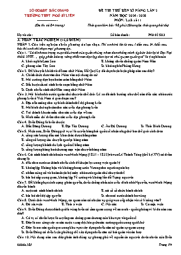 Đề thi rèn kĩ năng Lịch sử 11 (Lần 2) - Mã đề 503 - Năm học 2024-2025 - Trường THPT Ngô Sĩ Liên (Có đáp án)