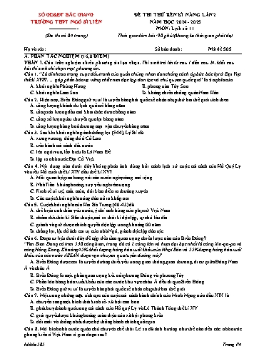 Đề thi rèn kĩ năng Lịch sử 11 (Lần 2) - Mã đề 505 - Năm học 2024-2025 - Trường THPT Ngô Sĩ Liên (Có đáp án)