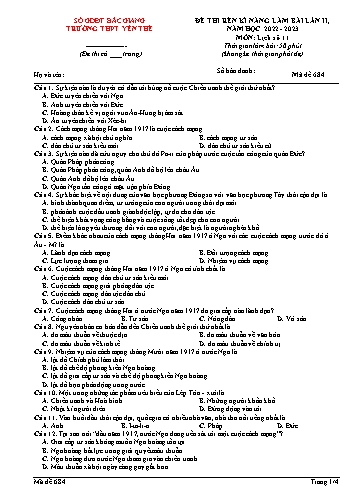 Đề thi rèn kĩ năng Lịch sử 11 (Lần 2) - Mã đề 684 - Năm học 2022-2023 - Trường THPT Yên Thế (Có đáp án)