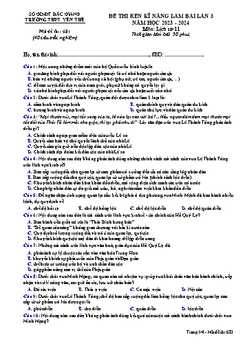 Đề thi rèn kĩ năng Lịch sử 11 (Lần 3) - Mã đề 681 - Năm học 2023-2024 - Trường THPT Yên Thế (Có đáp án + Ma trận)