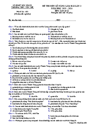Đề thi rèn kĩ năng Lịch sử 11 (Lần 3) - Mã đề 682 - Năm học 2023-2024 - Trường THPT Yên Thế (Có đáp án + Ma trận)