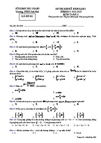 Đề thi rèn kĩ năng Toán 11 (Lần 1) - Mã đề 681 - Năm học 2022-2023 - Trường THPT Yên Thế (Có đáp án)