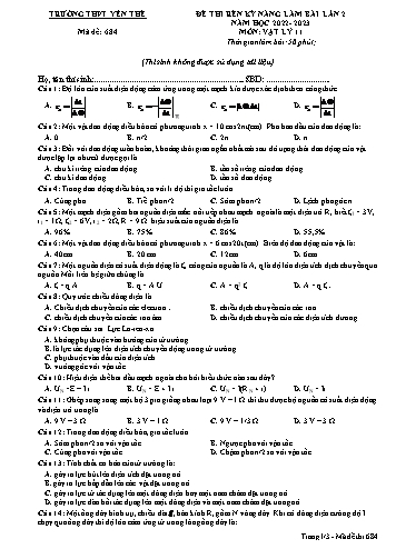 Đề thi rèn kĩ năng Vật lí 11 (Lần 2) - Mã đề 684 - Năm học 2022-2023 - Trường THPT Yên Thế (Có đáp án)