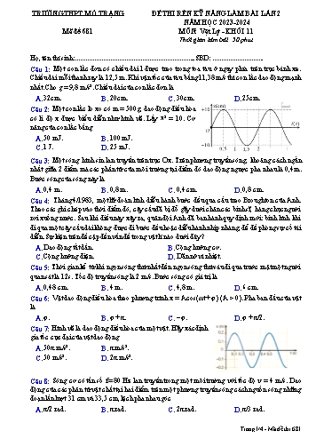Đề thi rèn kĩ năng Vật lí 11 - Mã đề 681 - Năm học 2023-2024 - Trường THPT Mỏ Trạng (Có đáp án)