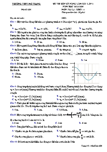 Đề thi rèn kĩ năng Vật lí 11 - Mã đề 684 - Năm học 2023-2024 - Trường THPT Mỏ Trạng (Có đáp án)