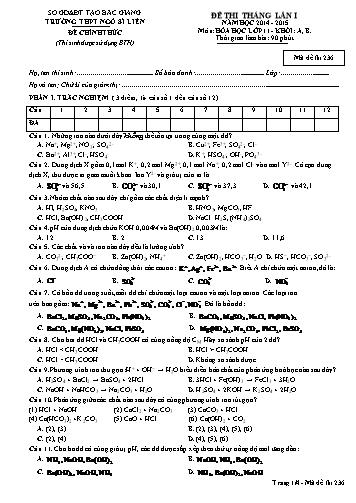 Đề thi tháng Hóa học 11 (Lần 1) - Mã đề 236 - Năm học 2014-2015 - Trường THPT Ngô Sĩ Liên