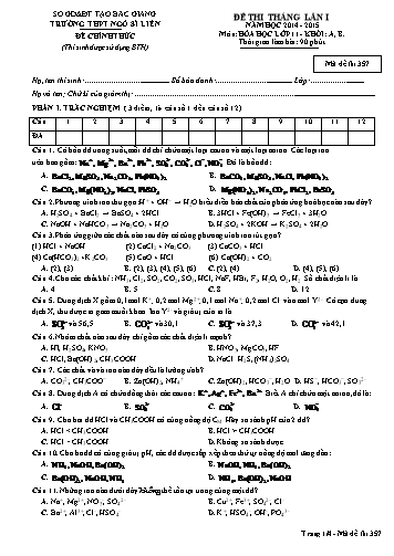 Đề thi tháng Hóa học 11 (Lần 1) - Mã đề 357 - Năm học 2014-2015 - Trường THPT Ngô Sĩ Liên