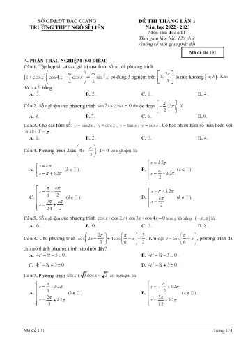 Đề thi tháng Lần 1 Toán 11 - Mã đề 101 - Năm học 2022-2023 - Trường THPT Ngô Sĩ Liên