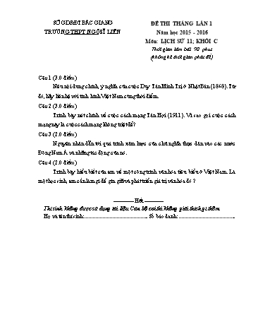 Đề thi tháng Lịch sử 11 (Lần 1) - Năm học 2015-2016 - Trường THPT Ngô Sĩ Liên (Có đáp án + Ma trận)