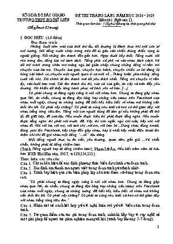 Đề thi tháng Ngữ văn 11 (Lần 1) - Năm học 2024-2025 - Trường THPT Ngô Sĩ Liên (Có đáp án + Ma trận)