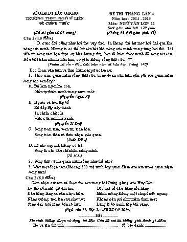 Đề thi tháng Ngữ văn 11 (Lần 4) - Năm học 2014-2015 - Trường THPT Ngô Sĩ Liên (Có đáp án)