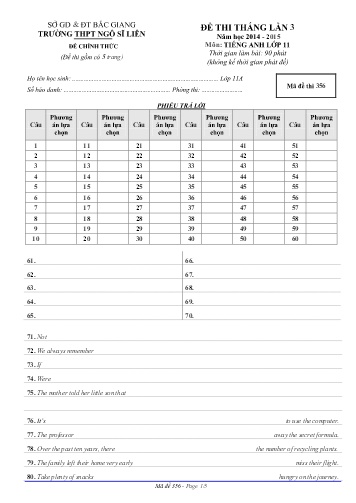 Đề thi tháng Tiếng Anh 11 (Lần 3) - Mã đề 356 - Năm học 2014-2015 - Trường THPT Ngô Sĩ Liên (Có đáp án)
