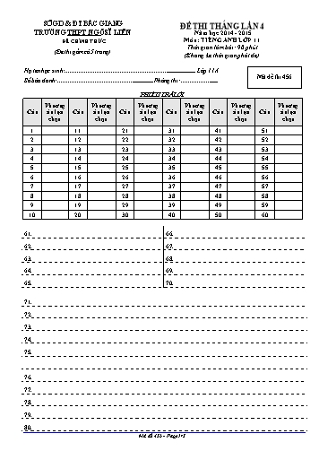 Đề thi tháng Tiếng Anh 11 (Lần 4) - Mã đề 456 - Năm học 2014-2015 - Trường THPT Ngô Sĩ Liên (Có đáp án)