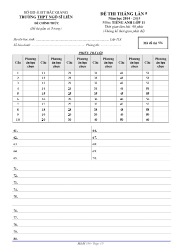 Đề thi tháng Tiếng Anh 11 (Lần 5) - Mã đề 556 - Năm học 2014-2015 - Trường THPT Ngô Sĩ Liên (Có đáp án)