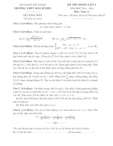 Đề thi tháng Toán 11 (Lần 4) - Năm học 2014-2015 - Trường THPT Ngô Sĩ Liên (Có đáp án)