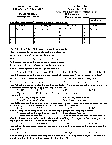 Đề thi tháng Vật lí 11 (Lần 1) - Mã đề 001 - Năm học 2014-2015 - Trường THPT Ngô Sĩ Liên (Có đáp án)