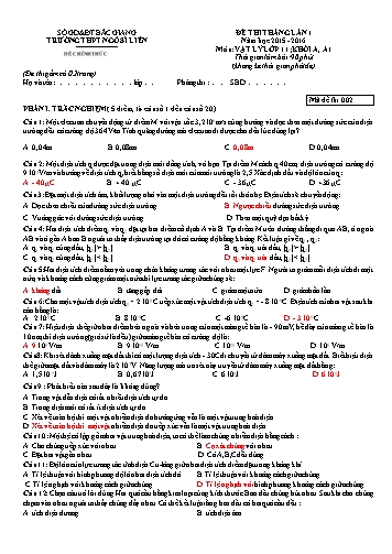 Đề thi tháng Vật lí 11 (Lần 1) - Mã đề 002 - Năm học 2015-2016 - Trường THPT Ngô Sĩ Liên (Có đáp án)