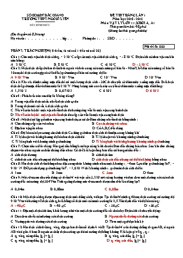 Đề thi tháng Vật lí 11 (Lần 1) - Mã đề 003 - Năm học 2015-2016 - Trường THPT Ngô Sĩ Liên (Có đáp án)