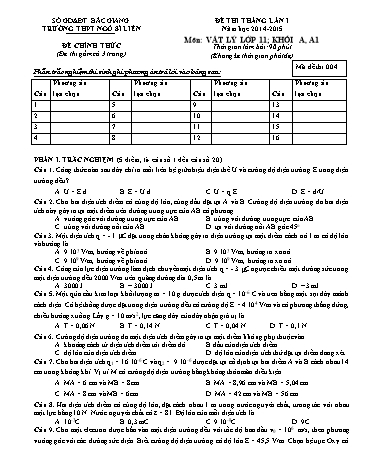 Đề thi tháng Vật lí 11 (Lần 1) - Mã đề 004 - Năm học 2014-2015 - Trường THPT Ngô Sĩ Liên (Có đáp án)