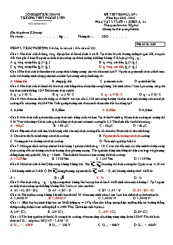 Đề thi tháng Vật lí 11 (Lần 1) - Mã đề 004 - Năm học 2015-2016 - Trường THPT Ngô Sĩ Liên (Có đáp án)