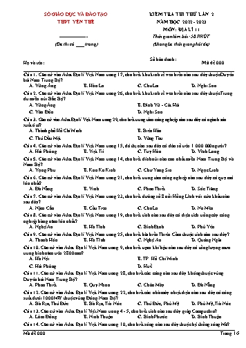 Đề thi thử Địa lí 11 (Lần 2) - Mã đề 000 - Năm học 2022-2023 - Trường THPT Yên Thế (Có đáp án)
