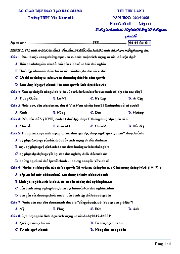 Đề thi thử Lịch sử 11 (Lần 1) - Mã đề 511 - Năm học 2024-2025 - Trường THPT Yên Dũng số 3