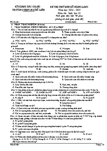 Đề thi thử rèn kĩ năng Sinh học 11 (Lần 1) - Mã đề 401 - Năm học 2024-2025 - Trường THPT Ngô Sĩ Liên (Có đáp án + Ma trận)