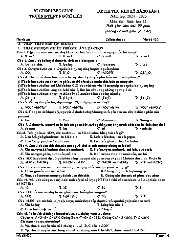 Đề thi thử rèn kĩ năng Sinh học 11 (Lần 1) - Mã đề 402 - Năm học 2024-2025 - Trường THPT Ngô Sĩ Liên (Có đáp án + Ma trận)