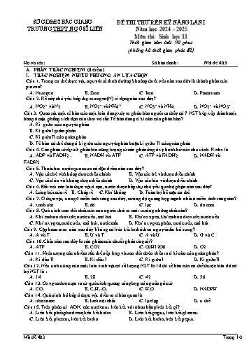 Đề thi thử rèn kĩ năng Sinh học 11 (Lần 1) - Mã đề 403 - Năm học 2024-2025 - Trường THPT Ngô Sĩ Liên (Có đáp án + Ma trận)