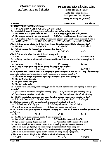 Đề thi thử rèn kĩ năng Sinh học 11 (Lần 1) - Mã đề 404 - Năm học 2024-2025 - Trường THPT Ngô Sĩ Liên (Có đáp án + Ma trận)