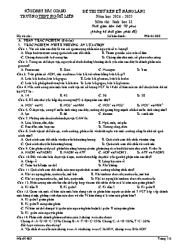 Đề thi thử rèn kĩ năng Sinh học 11 (Lần 1) - Mã đề 405 - Năm học 2024-2025 - Trường THPT Ngô Sĩ Liên (Có đáp án + Ma trận)