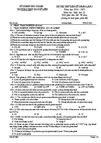 Đề thi thử rèn kĩ năng Sinh học 11 (Lần 1) - Mã đề 406 - Năm học 2024-2025 - Trường THPT Ngô Sĩ Liên (Có đáp án + Ma trận)