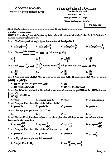 Đề thi thử rèn kĩ năng Toán 11 (Lần 1) - Mã đề 101 - Năm học 2024-2025 - Trường THPT Ngô Sĩ Liên (Có đáp án + Ma trận)