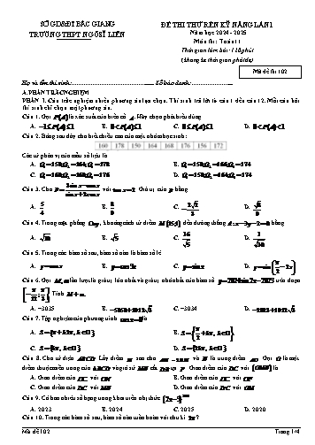 Đề thi thử rèn kĩ năng Toán 11 (Lần 1) - Mã đề 102 - Năm học 2024-2025 - Trường THPT Ngô Sĩ Liên (Có đáp án + Ma trận)