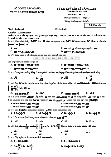 Đề thi thử rèn kĩ năng Toán 11 (Lần 1) - Mã đề 104 - Năm học 2024-2025 - Trường THPT Ngô Sĩ Liên (Có đáp án + Ma trận)