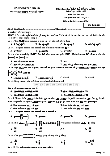 Đề thi thử rèn kĩ năng Toán 11 (Lần 1) - Mã đề 106 - Năm học 2024-2025 - Trường THPT Ngô Sĩ Liên (Có đáp án + Ma trận)