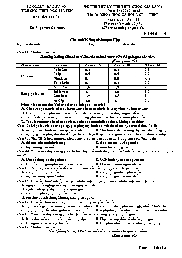 Đề thi thử THPT QG Địa lí 11 (Lần 1) - Mã đề 114 - Năm học 2017-2018 - Trường THPT Ngô Sĩ Liên (Có đáp án)