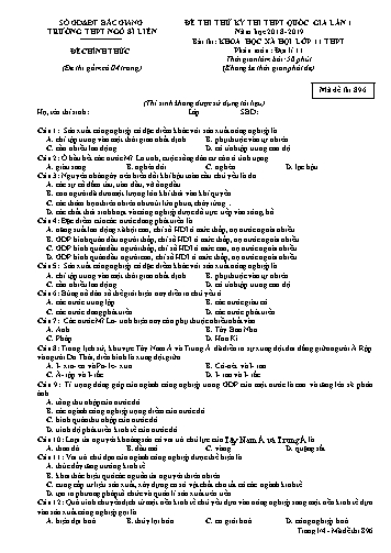 Đề thi thử THPT QG Địa lí 11 (Lần 1) - Mã đề 896 - Năm học 2018-2019 - Trường THPT Ngô Sĩ Liên (Có đáp án + Ma trận)