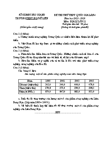 Đề thi thử THPT QG Địa lí 11 (Lần 4) - Năm học 2015-2016 - Trường THPT Ngô Sĩ Liên (Có đáp án)