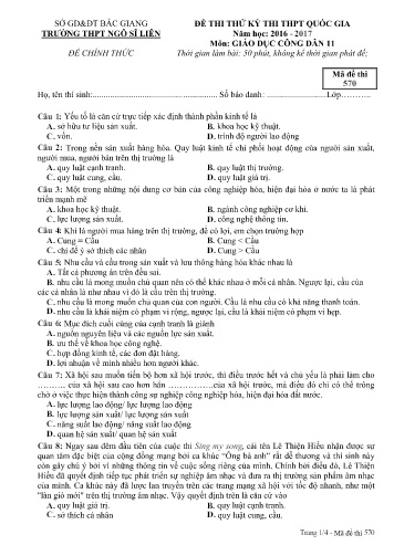 Đề thi thử THPT QG GDCD 11 - Mã đề 570 - Năm học 2016-2017 - Trường THPT Ngô Sĩ Liên (Có đáp án)