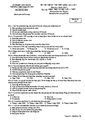 Đề thi thử THPT QG Lịch sử 11 (Lần 1) - Mã đề 196 - Năm học 2016-2017 - Trường THPT Ngô Sĩ Liên (Có đáp án)