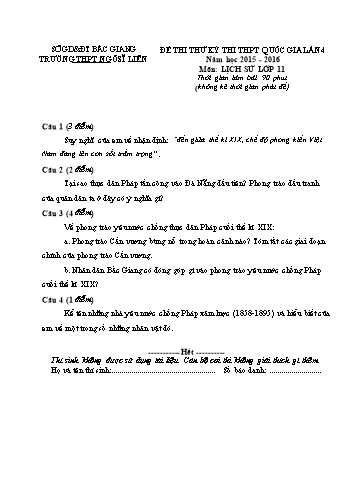 Đề thi thử THPT QG Lịch sử 11 (Lần 4) - Năm học 2015-2016 - Trường THPT Ngô Sĩ Liên (Có đáp án + Ma trận)