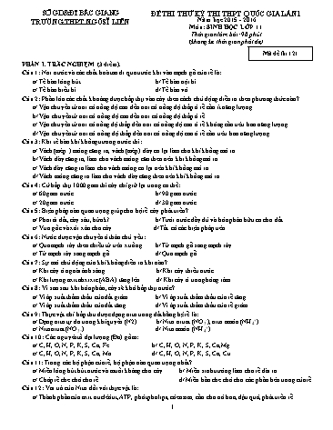 Đề thi thử THPT QG Sinh học 11 (Lần 1) - Mã đề 121 - Năm học 2015-2016 - Trường THPT Ngô Sĩ Liên (Có đáp án)