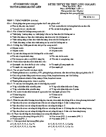 Đề thi thử THPT QG Sinh học 11 (Lần 1) - Mã đề 211 - Năm học 2015-2016 - Trường THPT Ngô Sĩ Liên (Có đáp án)