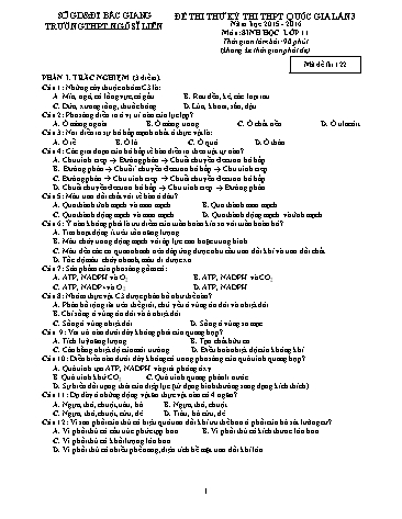 Đề thi thử THPT QG Sinh học 11 (Lần 3) - Mã đề 122 - Năm học 2015-2016 - Trường THPT Ngô Sĩ Liên (Có đáp án)