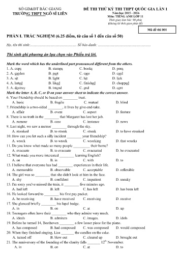 Đề thi thử THPT QG Tiếng Anh 11 (Lần 1) - Mã đề 001 - Năm học 2015-2016 - Trường THPT Ngô Sĩ Liên (Có đáp án)