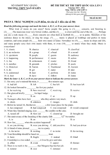 Đề thi thử THPT QG Tiếng Anh 11 (Lần 1) - Mã đề 002 - Năm học 2015-2016 - Trường THPT Ngô Sĩ Liên (Có đáp án)