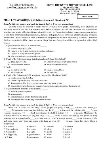 Đề thi thử THPT QG Tiếng Anh 11 (Lần 1) - Mã đề 003 - Năm học 2015-2016 - Trường THPT Ngô Sĩ Liên (Có đáp án)